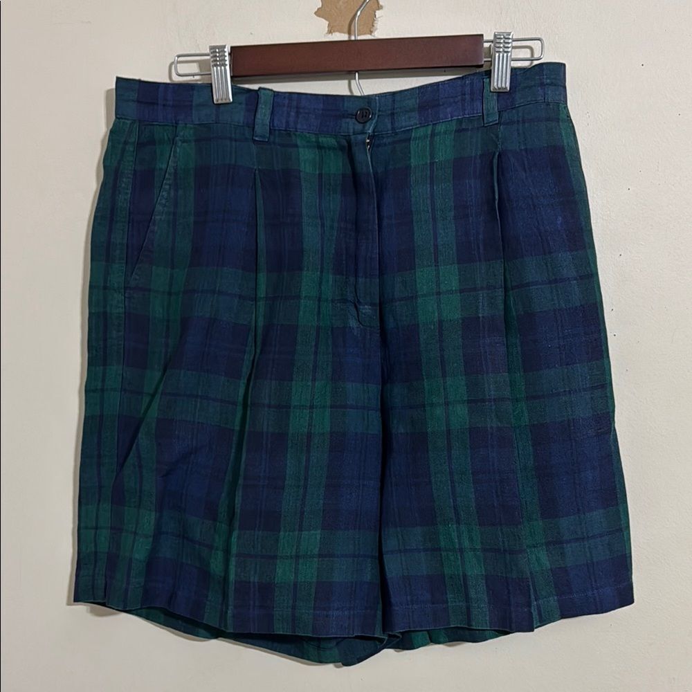 Lauren Ralph Lauren Vintage Blue Green Plaid Pleat Front Linen Shorts size 30"